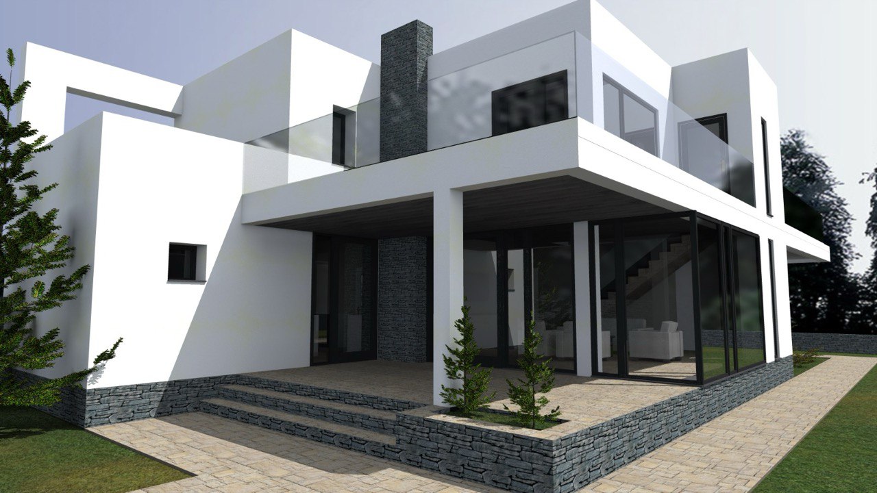 Casă modernă P+1E – design cubic cu terase generoase